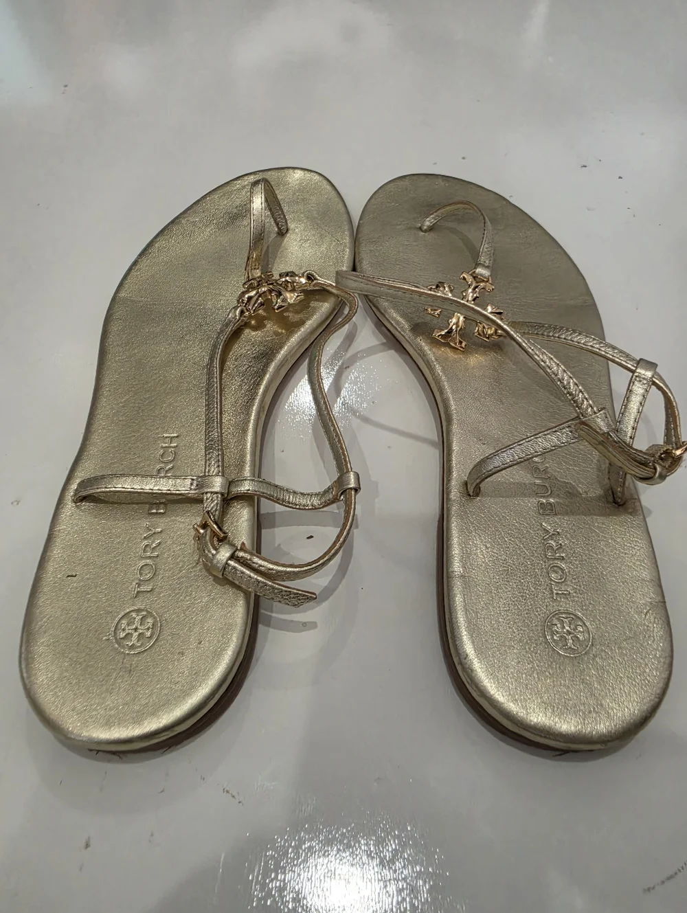 Tory Burch Metallic Gold T-Strap Sandals Size 11